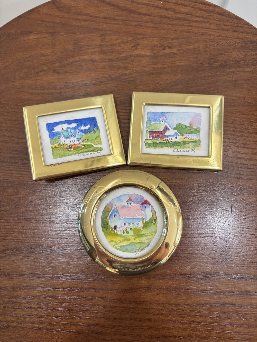 Gold-Framed Miniature Watercolor Landscape Paintings - Set of 3
